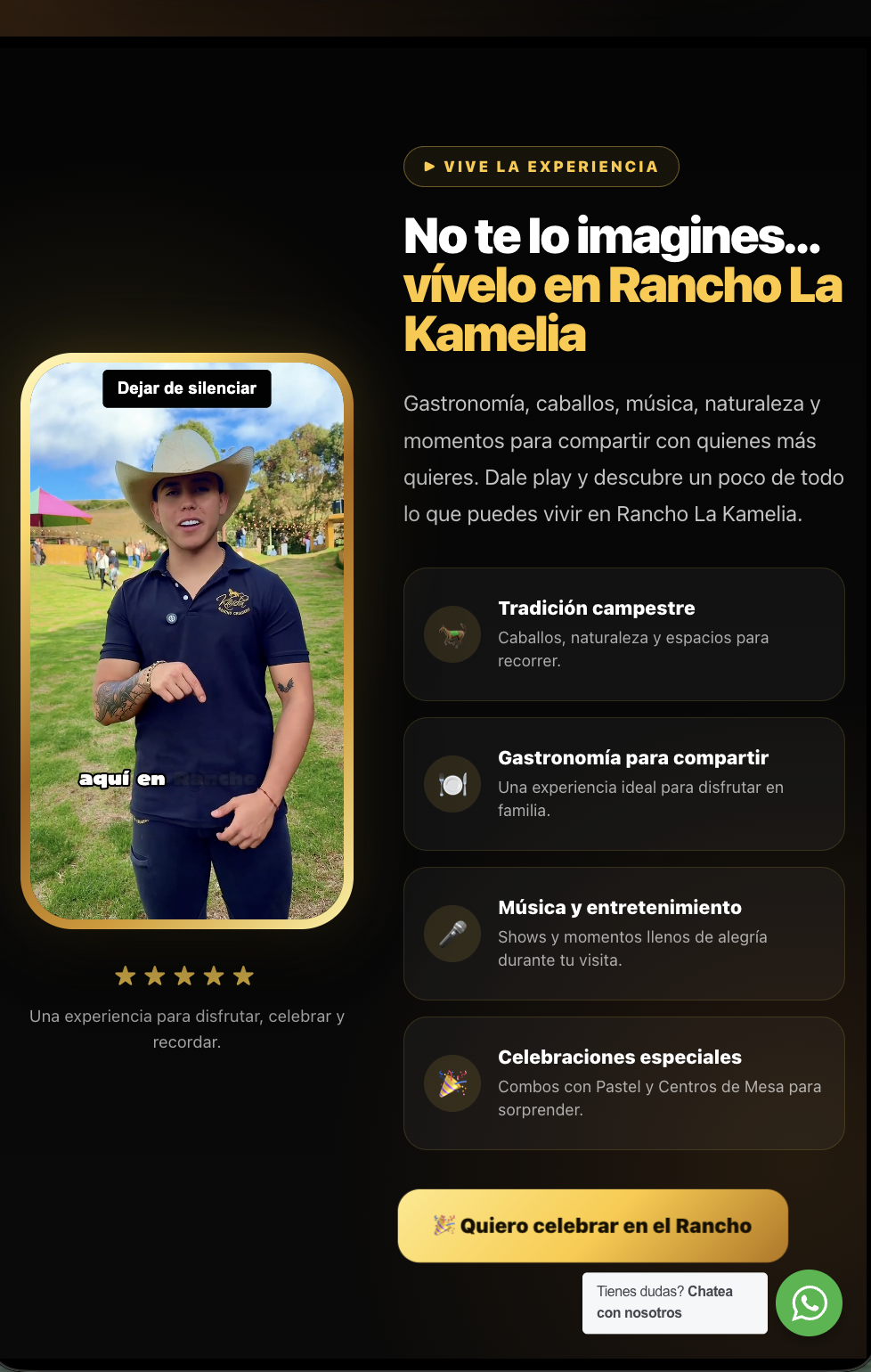 Landing de reservas de Rancho La Kamelia mostrando su experiencia
